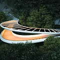 Modern Curved Landscape Bridge Amidst Lush Forest With Glass Roof Design