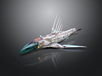 Silver Aquatic Creature With Colorful Spots Pointed Fins Long Snout Shiny Reflection Against Dark Background 3d model