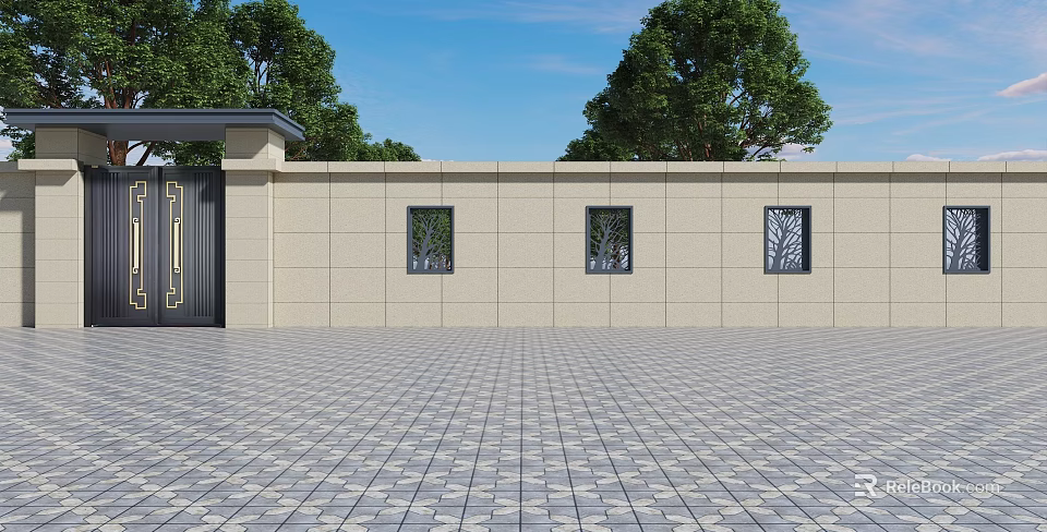 Modern Black Metal Entrance Gate With Beige Wall Three Decorative Windows And Brick Pavement 3d model 