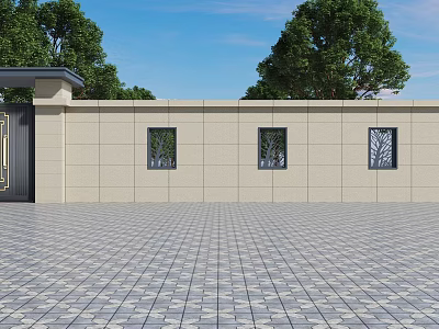 Modern Black Metal Entrance Gate With Beige Wall Three Decorative Windows And Brick Pavement 3d model