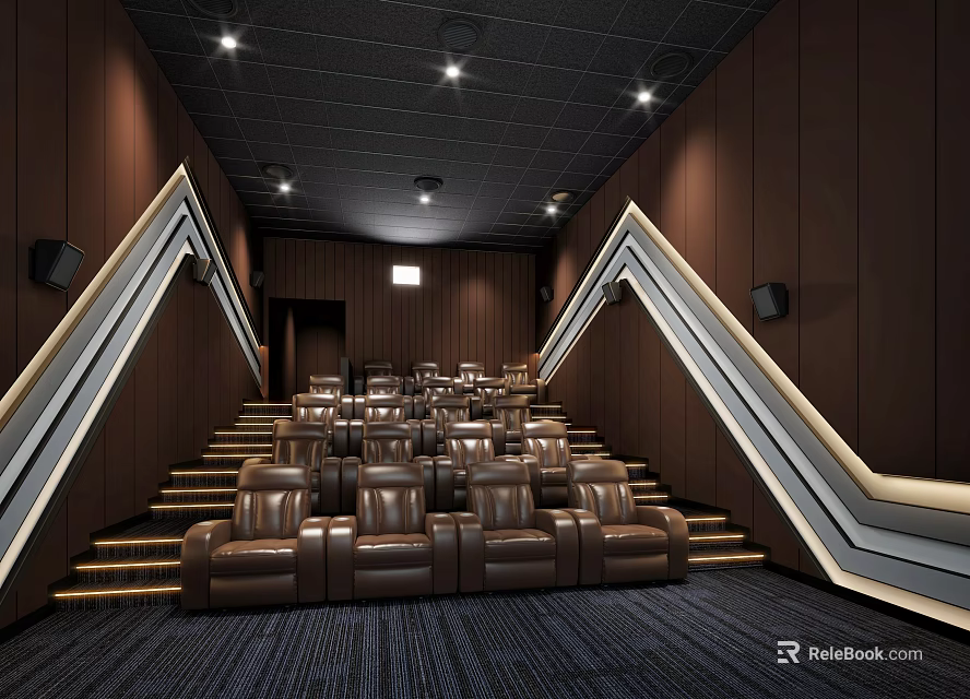 Modern Cinema Interior With Brown Leather Seats Staircase Design And Ceiling Lights 3d model 