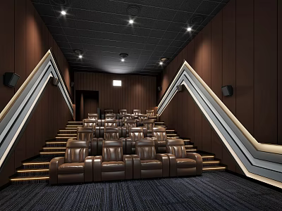 Modern Cinema Interior With Brown Leather Seats Staircase Design And Ceiling Lights 3d model