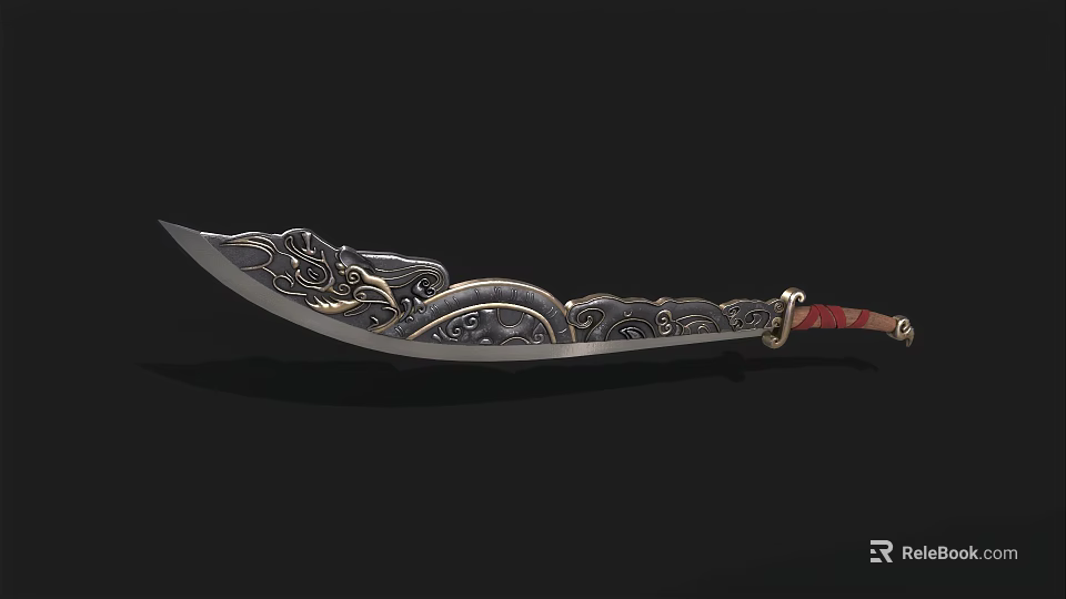Traditional Decorative Long Sword with Intricate Engraved Patterns on Blade and Red Wrapped Handle Design 3d model 