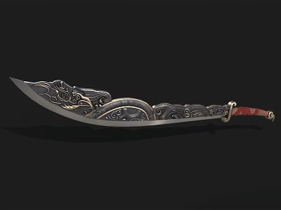 Traditional Decorative Long Sword with Intricate Engraved Patterns on Blade and Red Wrapped Handle Design 3d model