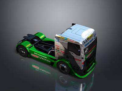 Green Silver Racing Truck with Aerodynamic Design and Sponsor Logos 3d model