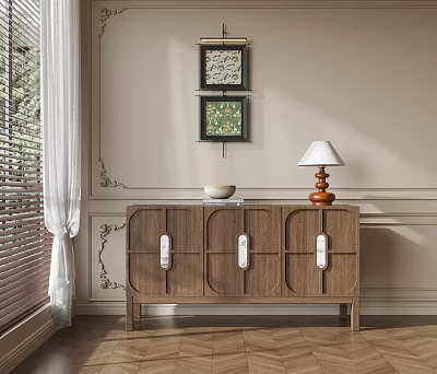 Modern Minimalist Wooden Sideboard With Drawers Table Lamp Bowl And Wall Art Paintings 3d model