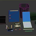 Essential Office Supplies Collection Including Blue Folders Gray Trash Bin File Organizer Calculator And Notebook