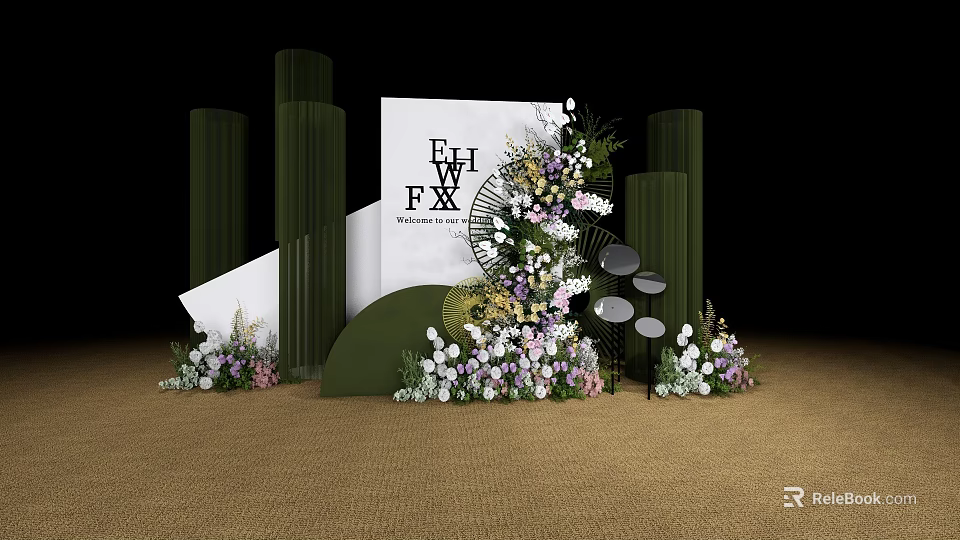 Wedding Decor Setup With Green Pillars White Backdrop Flower Decorations And Circular Ornaments 3d model