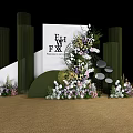 Wedding Decor Setup With Green Pillars White Backdrop Flower Decorations And Circular Ornaments 3d model
