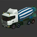 White Concrete Mixer Truck With Blue Striped Drum And Multiple Wheels