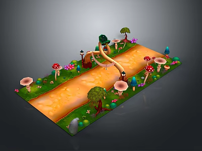 Whimsical Natural Path Scene With Winding Trail Colorful Mushrooms Trees And Flowers 3d model