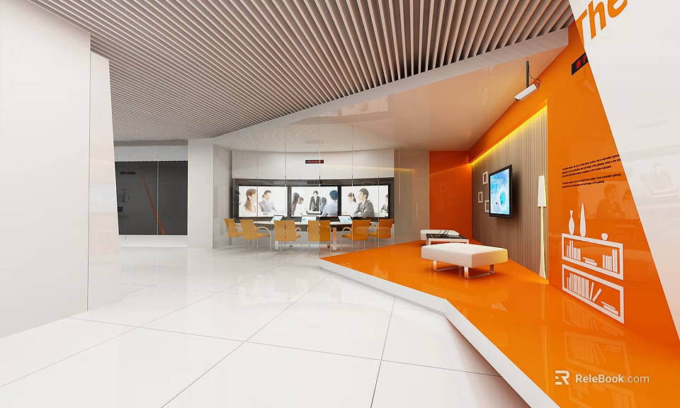 Contemporary Exhibition Hall Interior With Orange Walls White Floor Sofa And Digital Screens 3d model 