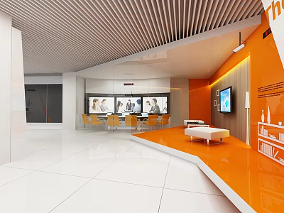 Contemporary Exhibition Hall Interior With Orange Walls White Floor Sofa And Digital Screens 3d model