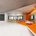 Contemporary Exhibition Hall Interior With Orange Walls White Floor Sofa And Digital Screens