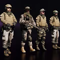 Four Game and Movie Military Characters in Tactical Gear with Weapons on Dark Background