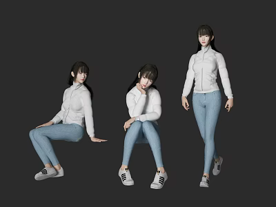 Woman in White Jacket Blue Jeans and White Sneakers in Different Poses on Black Background 3d model