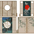 Traditional Chinese Style Screens With Classic Patterns Like Cranes Red Sun And Bamboo 3d model