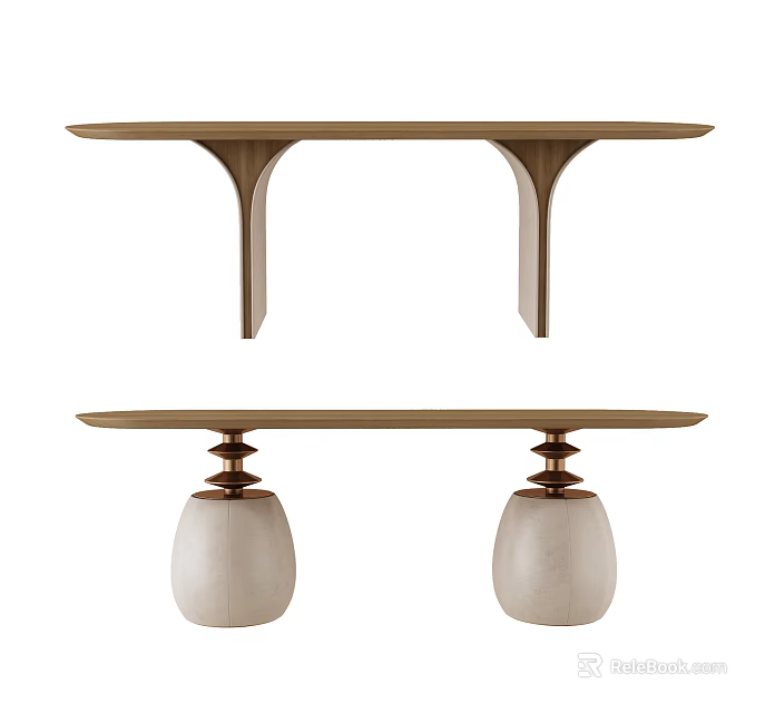 Contemporary Dining Table With Wooden Top Curved Legs And White Copper Base Accents 3d model 