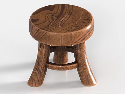 Unique Wooden Stool With Round Seat Natural Wood Grain And Four Legs Design 3d model