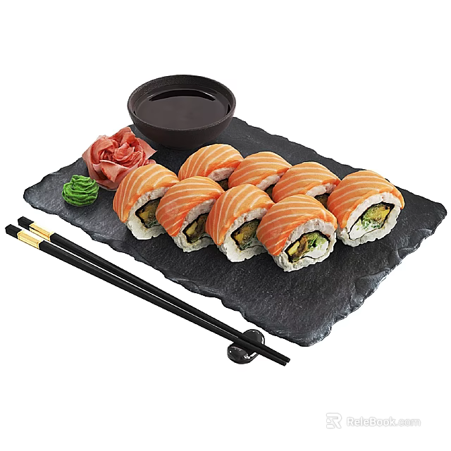 Fresh Salmon Sushi Rolls With Wasabi Ginger Soy Sauce On Black Stone Plate And Chopsticks 3d model 