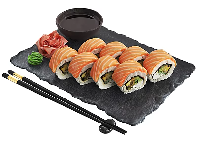 Fresh Salmon Sushi Rolls With Wasabi Ginger Soy Sauce On Black Stone Plate And Chopsticks 3d model