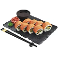 Fresh Salmon Sushi Rolls With Wasabi Ginger Soy Sauce On Black Stone Plate And Chopsticks