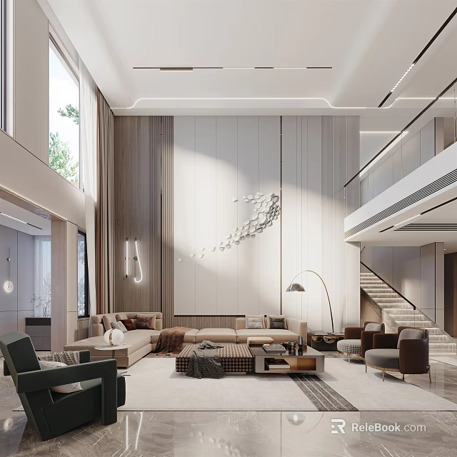 Modern Elegant Duplex Living Room Interior With High Ceiling Staircase And Large Windows 3d model