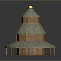 Scenic Landscape Featuring Traditional Three Tiered Dome Tower With Brick Wall And Gray Roof