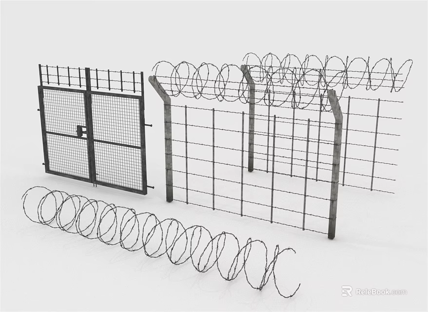 Security Wire Fence With Barbed Wire Coils And Metal Gate Design 3d model