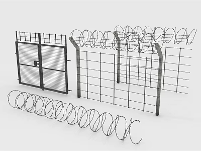 Security Wire Fence With Barbed Wire Coils And Metal Gate Design 3d model