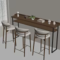 Wooden Bar Counter With Metal Legs Three Light Gray High Chairs And Plant By Window