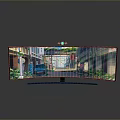 Curved TV Displaying Colorful Street Scene With Buildings Green Plants Vehicle On Smooth Reflective Surface