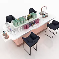 Elegant Modern Dining Table Set With White Top And Black Leather Chairs And Cosmetic Decor