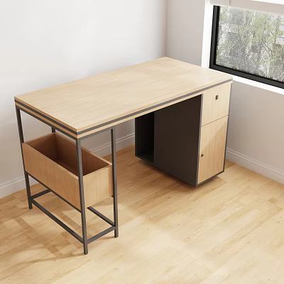 Modern Wooden Office Desk with Metal Frame Open Drawer Cabinet Storage and Window in Room 3d model