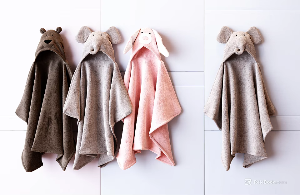 Cute Animal Hooded Towels in Brown Gray Pink Hanging on White Wall 3d model 
