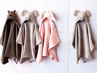 Cute Animal Hooded Towels in Brown Gray Pink Hanging on White Wall 3d model