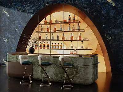 Elegant Sales Office Interior With Arched Wine Rack Marble Bar Counter And Bar Stools 3d model
