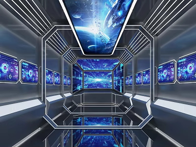 High Tech Futuristic Control Room With Blue Lights And Metal Frame Displays 3d model