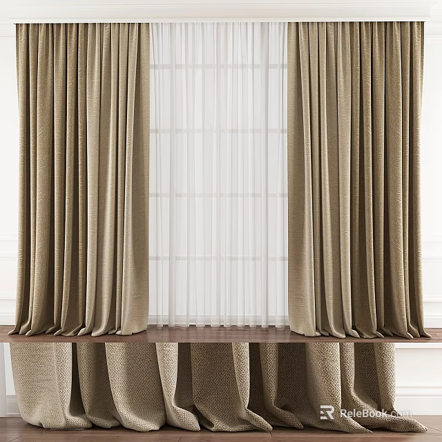 Elegant Beige Curtains With Sheer White Layer And Window Design Details 3d model 