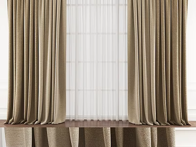 Elegant Beige Curtains With Sheer White Layer And Window Design Details 3d model
