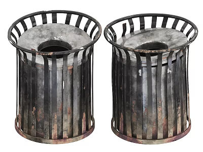 Public Facility Metal Trash Bins With Rustic Cylindrical Open Strip Design 3d model