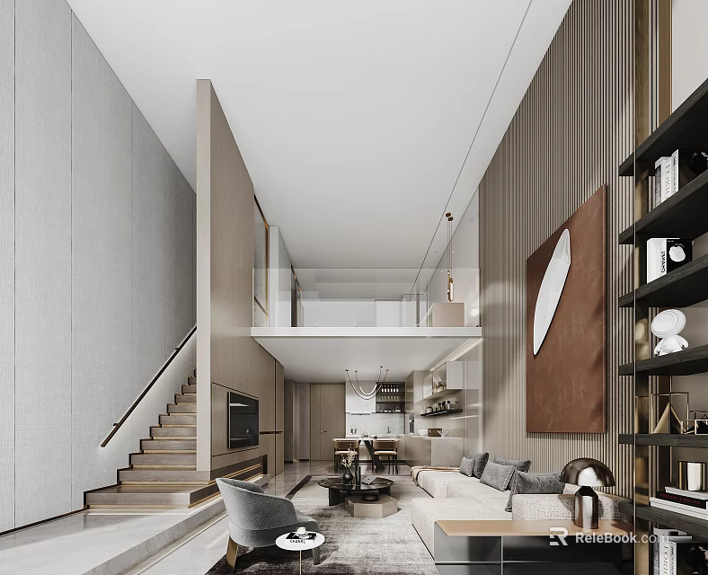 Modern Loft Apartment Interior With Staircase Sofa Bookshelf And Decorative Painting 3d model 