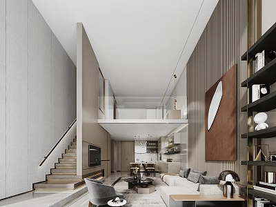 Modern Loft Apartment Interior With Staircase Sofa Bookshelf And Decorative Painting 3d model