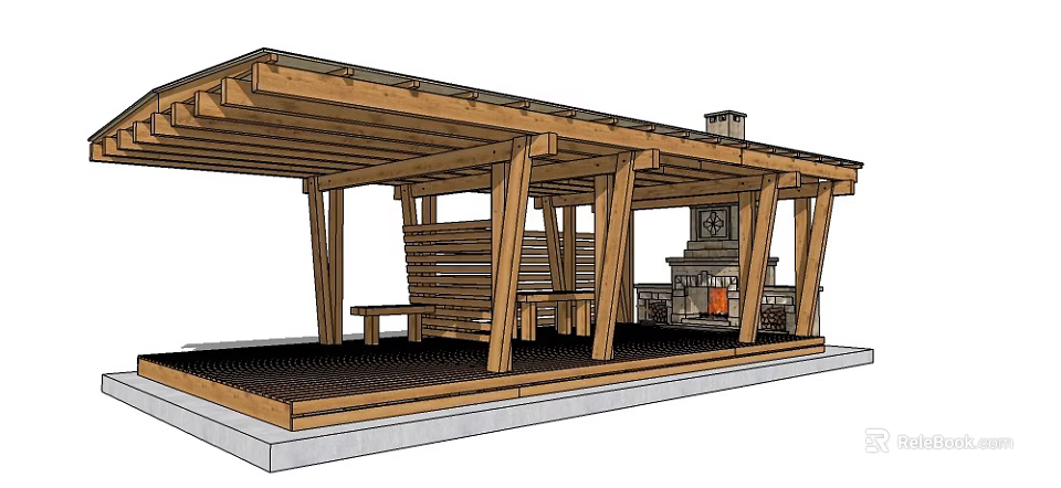Wooden Pergola With Supporting Columns Bench Table And Fireplace In Outdoor Space 3d model 