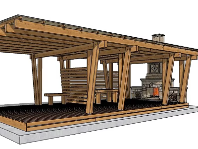 Wooden Pergola With Supporting Columns Bench Table And Fireplace In Outdoor Space 3d model