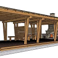 Wooden Pergola With Supporting Columns Bench Table And Fireplace In Outdoor Space