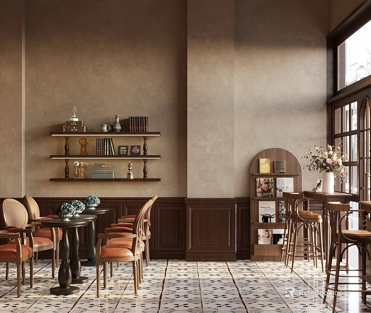 Cozy Coffee Shop Interior With Wooden Tables Bookshelves And Flower Decor 3d model 