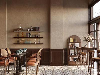 Cozy Coffee Shop Interior With Wooden Tables Bookshelves And Flower Decor 3d model