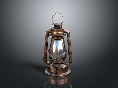 Vintage Brass Oil Lamp With Metal Frame And Glass Shade On Reflective Base 3d model