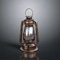 Vintage Brass Oil Lamp With Metal Frame And Glass Shade On Reflective Base